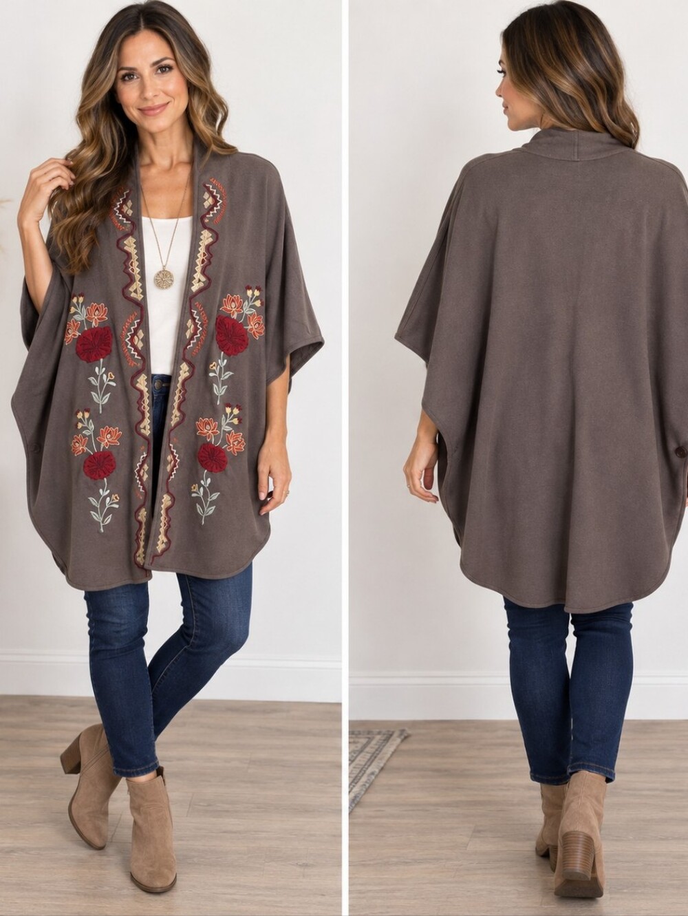Soft Surroundings L Embroidered Floral Cape Poncho Cardigan Boho NWT